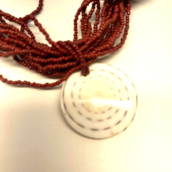 Vintage Multi Strand Seed Bead Rust Red Stone Pendant Necklace B#8 - Picture 5 of 11
